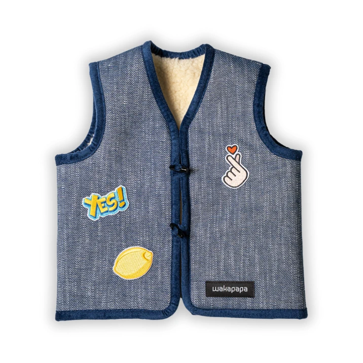 Merino Kinderweste "Denim & Patches"